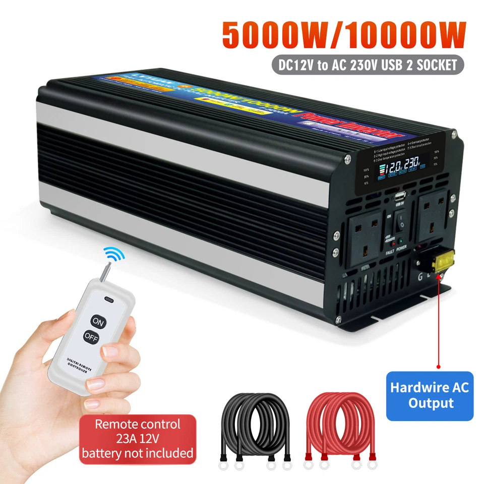 5000W 10000W Power Inverter DC 12V to AC 240V Converter USB 2AC Remote Control - Image 1 of 4