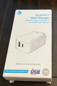 AT&T 57W SUPER FAST DUAL PORT USB-A & Type C Wall Charger - WHITE - NEW - Picture 1 of 2