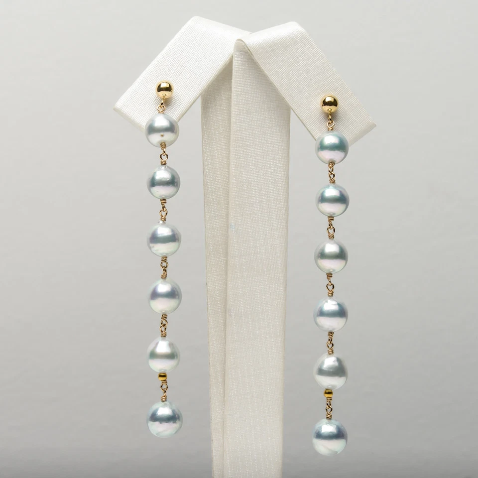 Pendientes colgantes largos de plata real de perlas Akoya de oro amarillo macizo de 14 k 7-7,5 mm Foto 1 de 4