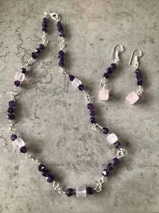 Ladies rose quartz Zambian Amethyst necklace and Matching earrings set BNWOT - Picture 1 of 5