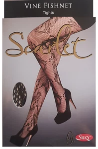 FISHNET TIGHTS Vine Pattern SILKY Scarlet BLACK Medium - Picture 1 of 6
