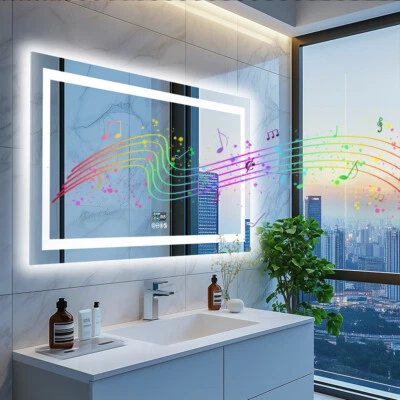 Smart Bathroom Mirror w/ Bluetooth Dual LED Strips Anti-Fog Dimmable Lighting - Image 1 of 4