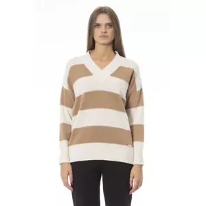 Baldinini Trend Women's Wool V-Neck Sweater with Ribbed Details in Beige - Picture 1 of 15