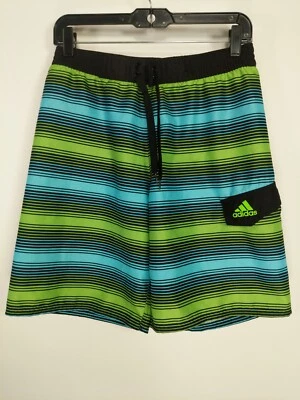 Adidas Green Blue Striped Drawstring Mesh Lined Swim Trunk Shorts Size XL Youth - Image 1 of 4