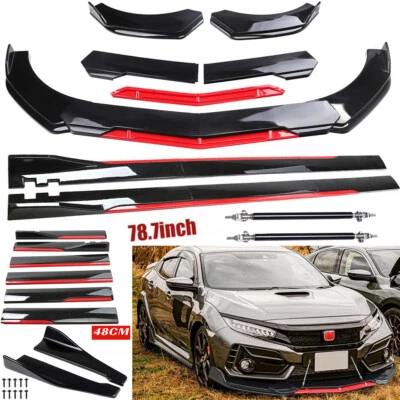 For Honda Civic 2012-2020 Front Bumper Lip Splitter Spoiler + Strut Rods - Image 1 of 4