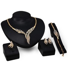 18K Gold Plated Wedding Jewelry Crystal Leaf Necklace Bracelet Sets BY #J
