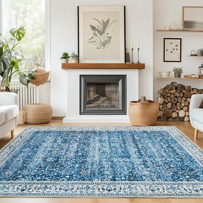 Andency Washable Living Room Area Rug 8x10, Blue Vintage Boho Non-Slip Carpet