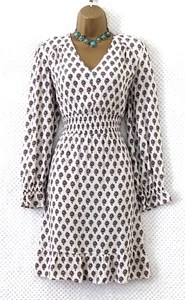 M&S COLLECTION Fit & Flare Dress Sz 14 Ivory Floral Shirred Waist Tiered Hem - Picture 1 of 11