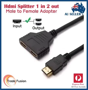 NEW HDMI Port Male to 2 Female 1 In 2 Out Splitter Cable Adapter Converter - Picture 1 of 9