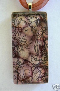 ART GLASS NIMPH FLOWERS ILLUSION PENDANT SHEER RIBBON NECKLACE FREE SHIPPING - Picture 1 of 6