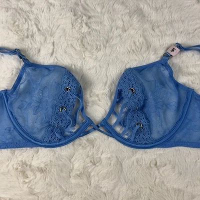 Sutiã Victoria’s Secret muito sexy corte baixo semi renda azul recortado sem forro 36B - Imagem 1 de 4