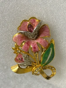 Antike Coro 30er Jahre Blume Emaille Fell Clip Emaille & farbige & klare Strasssteine - Bild 1 von 9