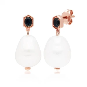 Pendientes colgantes barrocos modernos de perlas y zafiros en plata de ley enchapada en rosa - Imagen 1 de 3