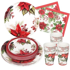 Christmas Paper Plates Christmas Poinsettia Flower Plates Napkins Cups Christ... - Picture 1 of 7