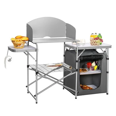 Mesa de camping plegable portátil con soporte para barbacoa al aire libre con bolsa parabrisas Foto 1 de 4