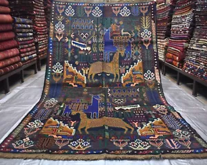 Vintage Afghan Animal Pictorial Area Rug 4x6 Hand Knotted Oriental Wool Carpet - Picture 1 of 10
