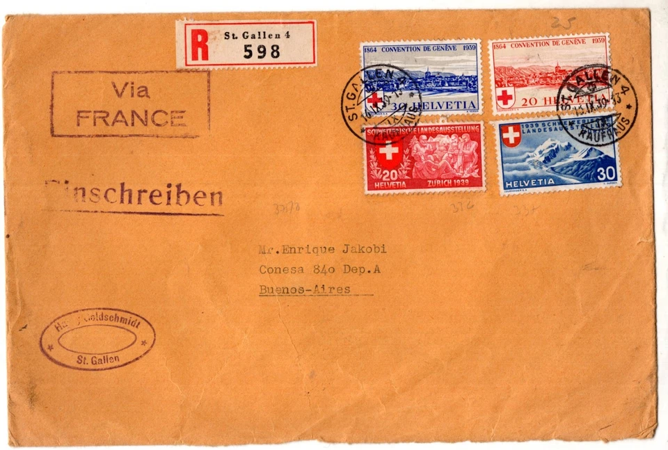 SWITZERLAND, 1939, AIR MAIL REGISTERED COVER TO ARGENTINA - Image 1 of 1