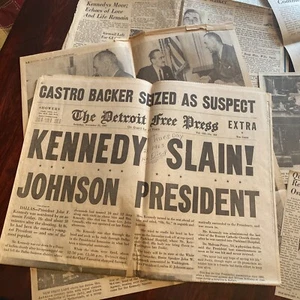 Lot Detroit Free Press Michigan Newspaper clippings John F Kennedy JFK Johnson - Picture 1 of 9