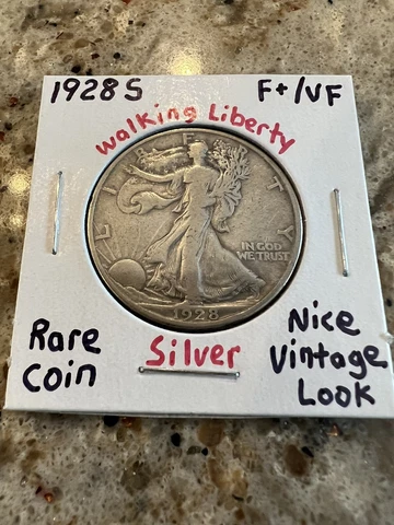 1928-S WALKING LIBERTY HALF DOLLAR  Original Sharp F+ / VF ~Nice Vintage Look~ Cover