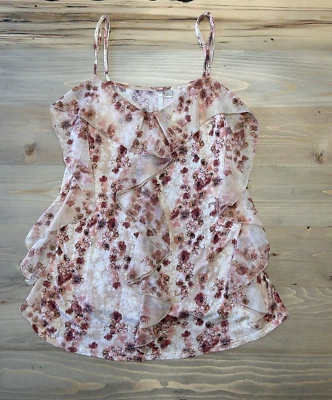Lauren Conrad Women's Pink Floral Print Spaghetti Strap Ruffle Tank SIZE LARGE - Image 1 of 2