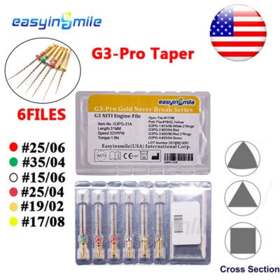 EASYINSMILE Endodontic Dental Endo Files G3-Pro Gold Taper Rotary NITI root canal file 25MM