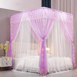 4 Corners Post Ruffle Princess Bed Canopy Curtain-Double Layer Cozy Drape Netti - Picture 1 of 7