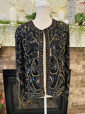 Cárdigan Vintage 100% Seda Lentejuelas Iridiscentes Floral Cuentas BOUTIQUE PAPELL Foto 1 de 4