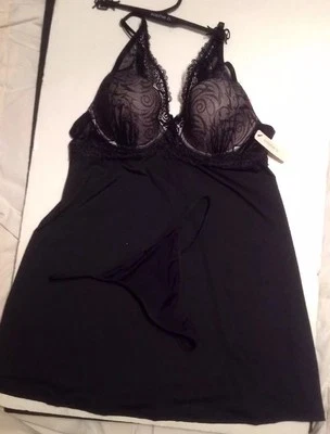 Sophie B Copa Moldeada Negligée Chemise Juego de 2 Piezas Negro M Sujetador Tanga Deslizante Foto 1 de 4