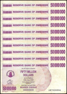50 x Zimbabwe 50 MILLION BEARER Cheque banknote 2008, P-63 USED COA. Parker - Picture 1 of 3