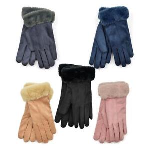 Ladies  Luxury Faux Suede Fleece Lined Winter Gloves with Faux Fur