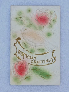 Antique 1914 Posted Embossed Perched Bird & Roses Birthday Greetings Postcard - Picture 1 of 2