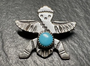 VINTAGE STERLING SILVER & TURQUOISE? ZUNI KNIFEWING DANCER BROOCH C CLASP H636 - Picture 1 of 6