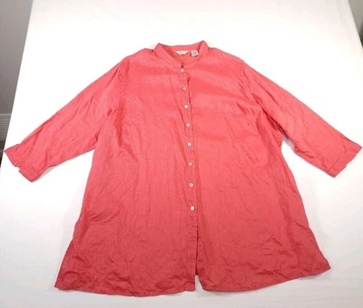 复古 Laura Ashley 女式 2XL 100% 亚麻衬衫上衣珊瑚红色侧开衩 — 第 1/4 张图片