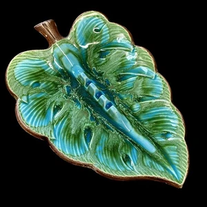Vtg MCM Treasure Craft Ashtray 1963 Turquoise Palm Frond Leaf Trinket Tray USA - Picture 1 of 9