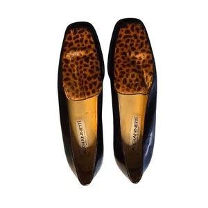 A. Giannetti Feeling Leopard Faux Fur Black Leather Block Heel Loafers Size 8.5B - Picture 1 of 9