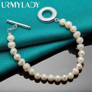 URMYLADY 925 Sterling Silver 8MM Pearl Bracelet For Women Fashion Jewelry - Picture 1 of 6
