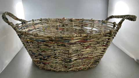 Vintage RECYCLED JAPENESE NEWSPAPER BASKET News Print Woven Folk Art 16” by 12” Cover