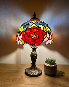Tiffany Style Mini Table Lamp  Stained Glass Rose Flower LED Bulb 8"W*8"D*15"H - Picture 1 of 13