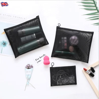 3-teiliges Set Reißverschluss schwarz Netz Make-up Tasche Kosmetik Reise Kosmetik Zubehör UK