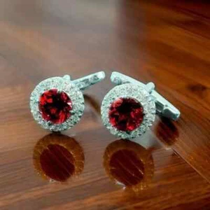 14K White Gold Plated 3Ct Round Cut Lab Created Red Ruby Diamond Men's Cufflinks - Picture 1 of 4