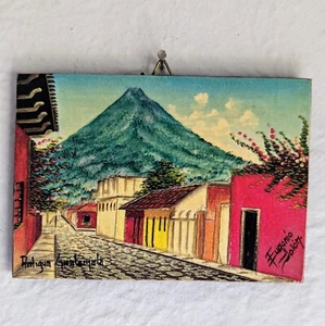 Guatemala Signed Textured Oil Painting Local Street In Antigua W Mountain. HB - Picture 1 of 10