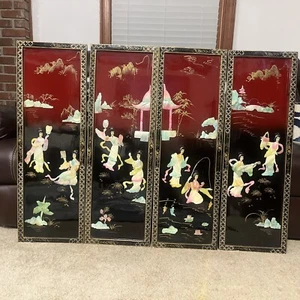 4 Vintage Asian Black Lacquer Mother of Pearl Wall Panels Art Chinese Geishas - Picture 1 of 18