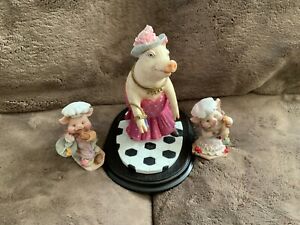 3 Vintage Ceramic piggy in a hat and dress figurines pink pig chefs 8" tall