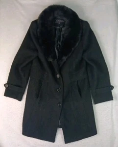 Y2K Giacca Gallery Penny Lane Womens Large Black Faux Fur Coat Wool Blend Trench - Picture 1 of 22