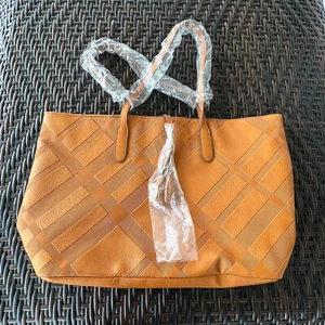 Oversized Brown Faux Leather Tote Bag Diamond Designs Handle Tassels - Picture 1 of 8