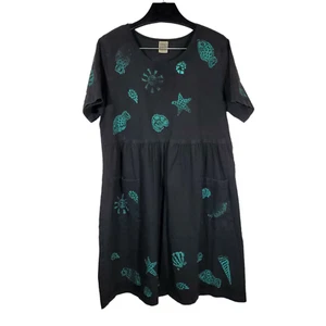VTG Viva City T-Shirt Dress Sz L Black Teal Painted Fish Shell Sun Beach Coastal - Picture 1 of 9