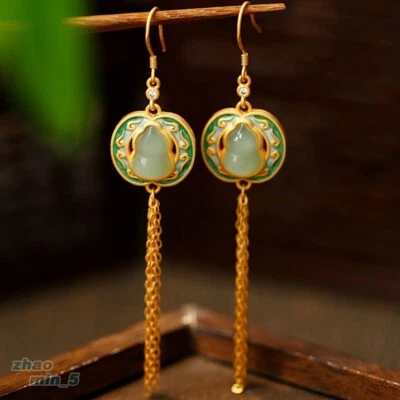 Women's Green Jade Earring Drop Dangle Earrings Gold Tone Jewelry Wedding Gifts - Image 1 of 4