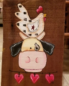 Hand Painted Old Wood Shingle Cow Chicken Sign Wall Hanger Farmhouse Primitive - Picture 1 of 4