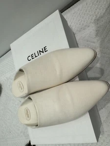 CELINE LOGO AUTH UNIQUE POINTED TOE SOFT WHITE LEATHER COMFY MULES SHOES 40 NEW - Picture 1 of 9