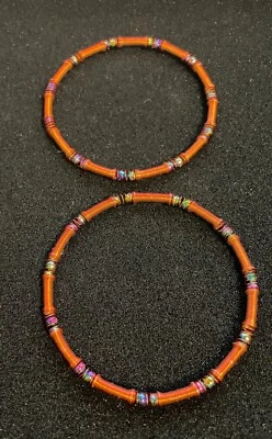 Pulseras de cuentas elásticas naranja vintage - Par de bisutería retro apilables Foto 1 de 2